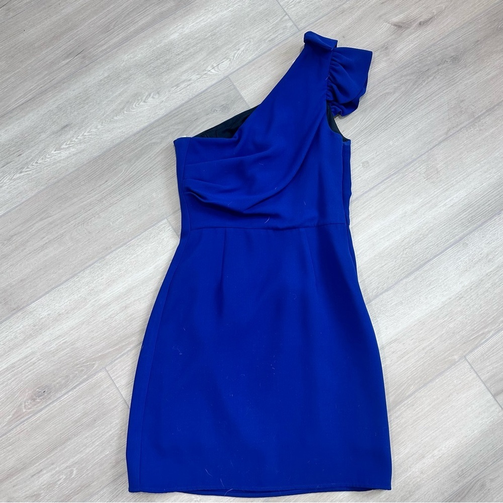 Shoshanna Stacie one shoulder ruffle cinched dress blue size 2 - Picture 6 of 9